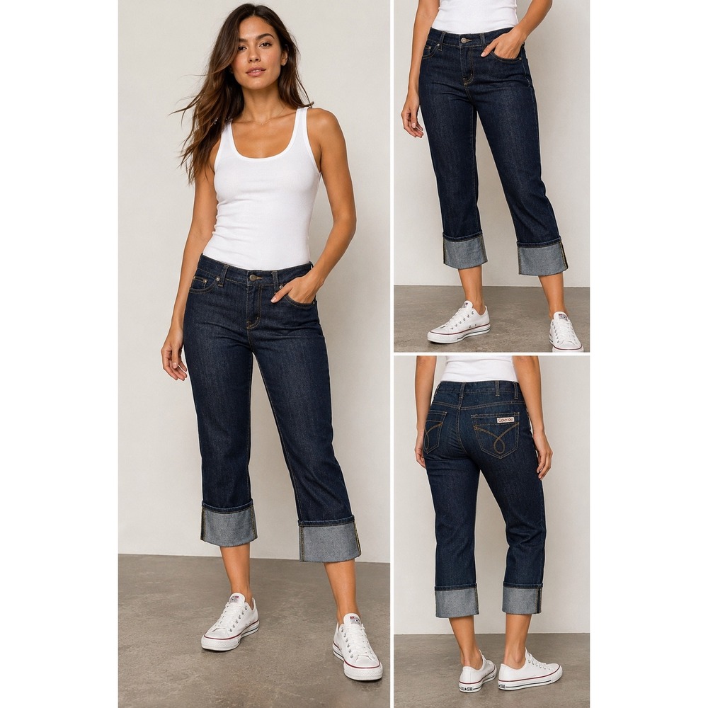 Calvin Klein‎ Jeans Womens Dark Wash Cuffed Crop Capri Indigo Denim Stretch SZ 8
